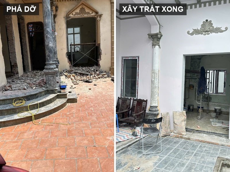 Phá dỡ mảng tường ở hiên để mở ô cửa mới, sau đó xây trát lại — công trình cải tạo nhà mái Thái ở Dương Hòa