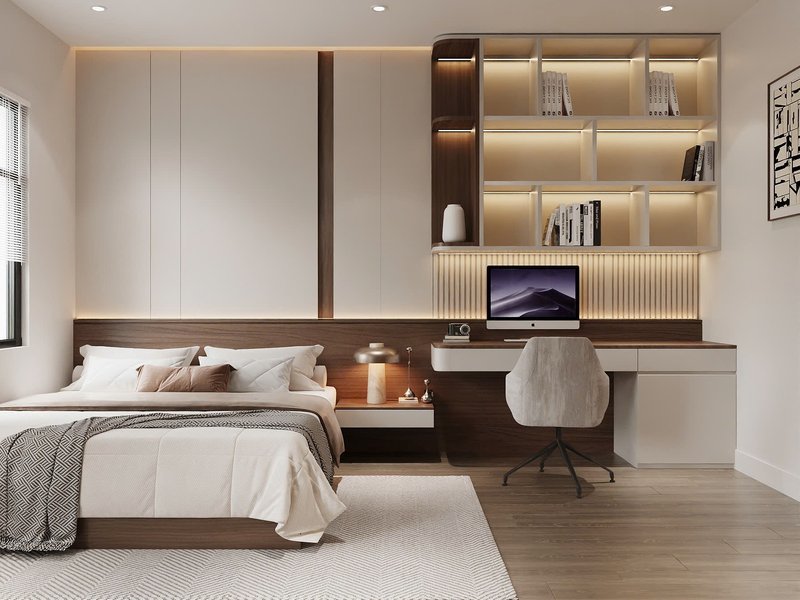 Phối cảnh thiết kế đầu giường ốp tấm, đèn hắt dịu do Nhà Mộc thực hiện