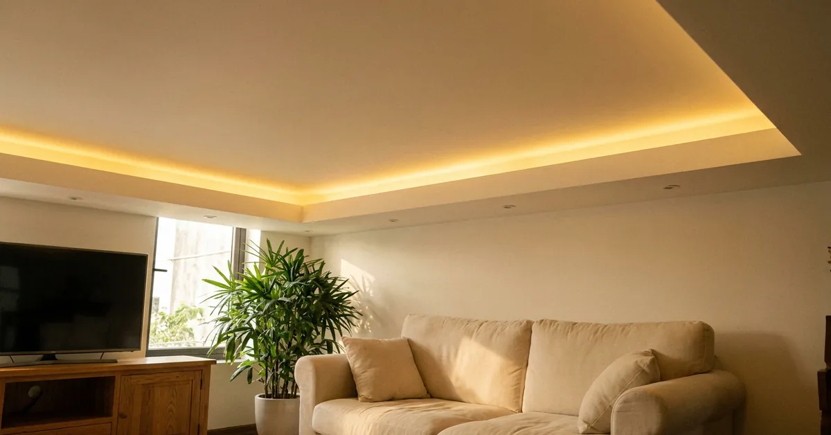 Ảnh minh hoạ trần thạch cao giật cấp có hắt sáng trong phòng khách
