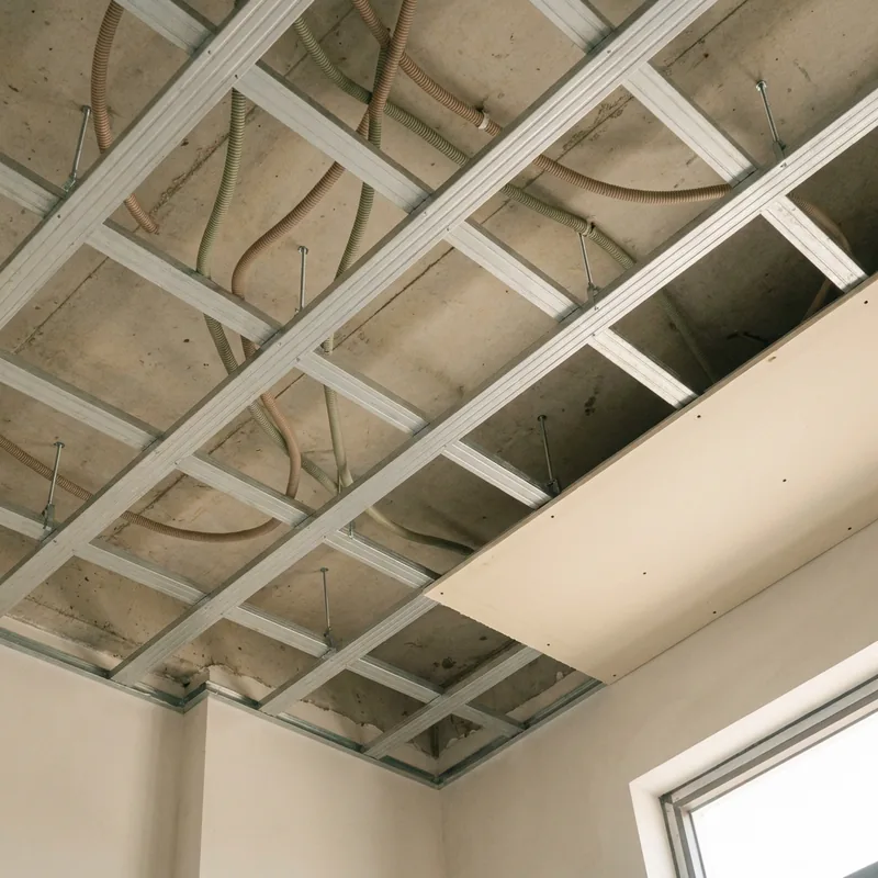 Ảnh minh hoạ khung xương trần thạch cao với ty treo trước khi đóng tấm