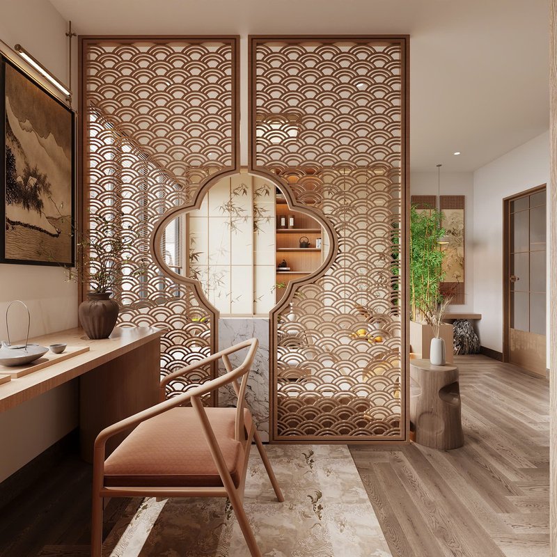 Phối cảnh thiết kế góc phòng trà cửa tròn, vách gỗ hoa văn và ghế gỗ do Nhà Mộc thực hiện
