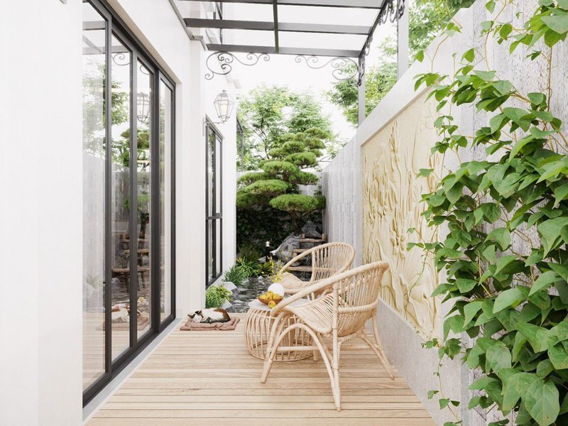 Phối cảnh thiết kế hiên gỗ nhìn ra sân vườn dự án 99 K'VILLA do Nhà Mộc thực hiện