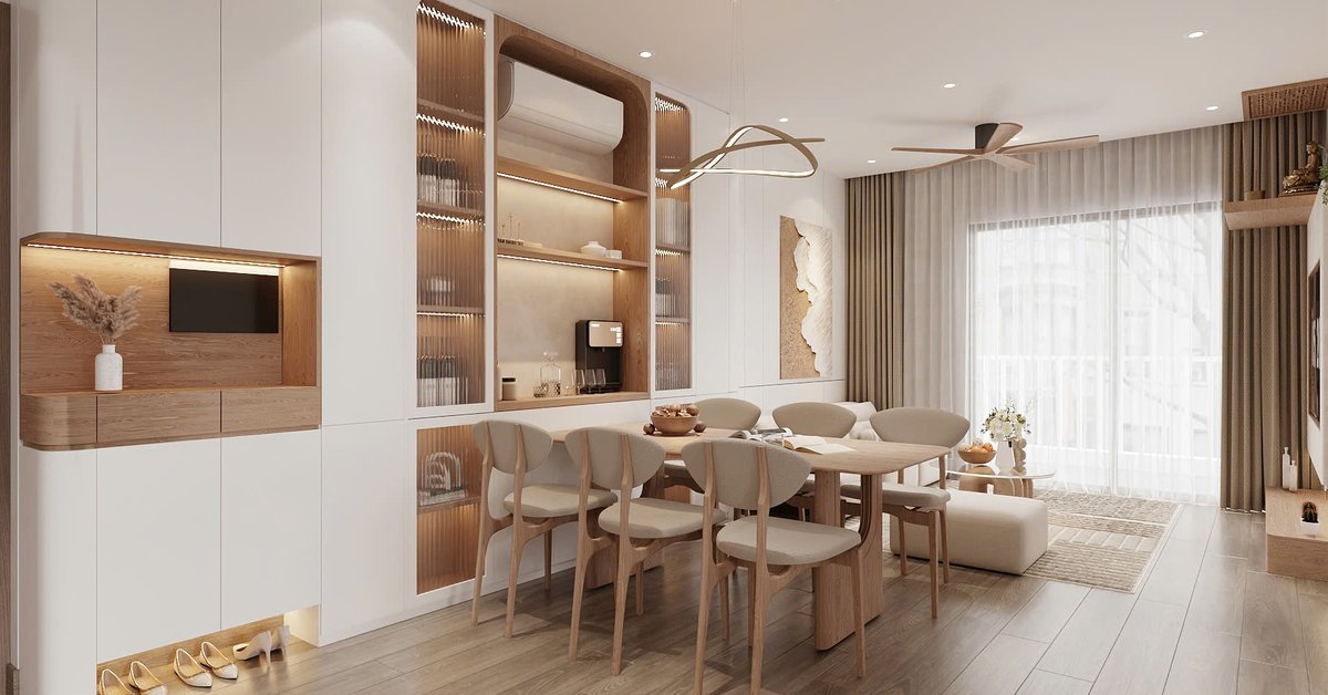 Phối cảnh thiết kế khu khách – bếp căn hộ, bàn ăn 6 ghế tông gỗ ấm do Nhà Mộc thực hiện