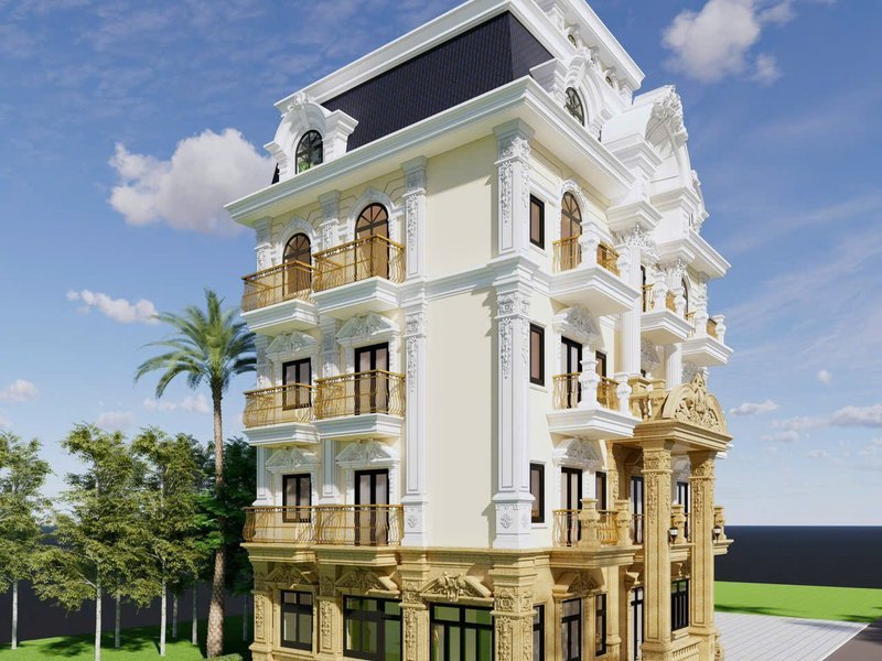 Phối cảnh thiết kế góc biệt thự tân cổ điển với ban công vòm và phào chỉ tại Dương Liễu, Hoài Đức do Nhà Mộc thực hiện