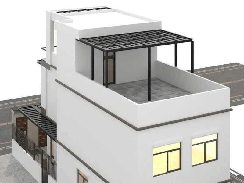 Phối cảnh nhà 3 tầng có sân thượng và giàn che tại Đoài Phương