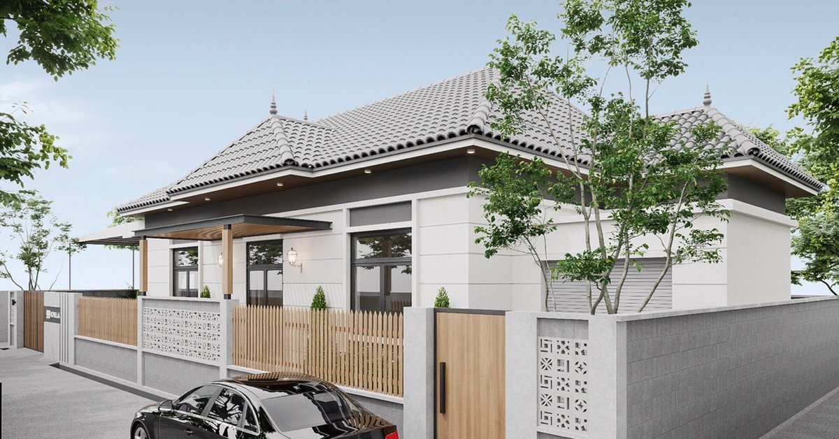 Phối cảnh thiết kế nhà một tầng mái Thái dự án 99 K'VILLA do Nhà Mộc thực hiện, nhìn góc ba phần tư từ cổng