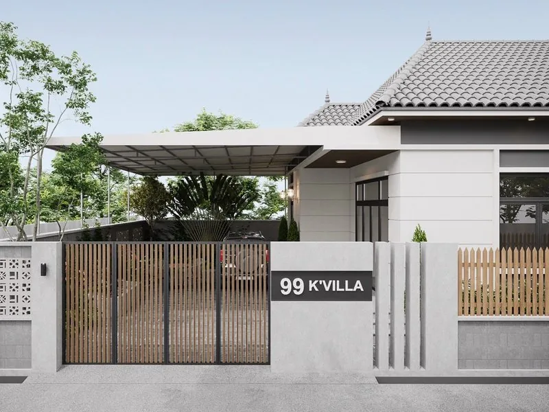 Phối cảnh cổng và mái Thái ngói xám dự án 99 K'VILLA