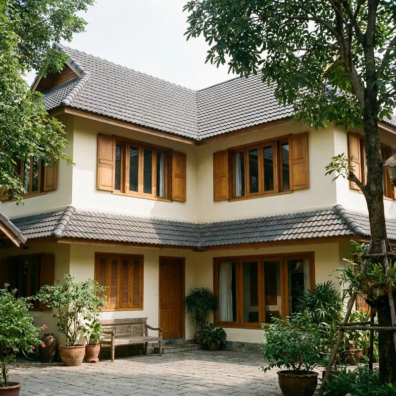 Ảnh minh hoạ nhà chữ L 2 tầng mái Thái ngói xám nhìn từ sân