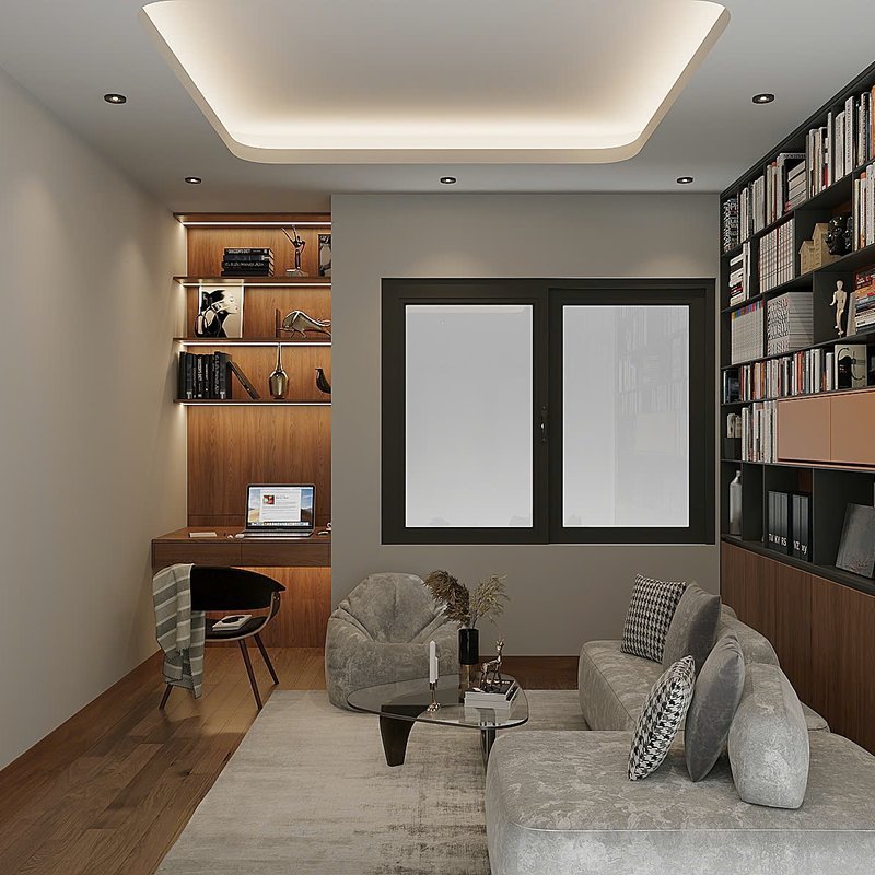 Phối cảnh thiết kế phòng đọc sách đa năng với kệ sách kịch trần do Nhà Mộc thực hiện