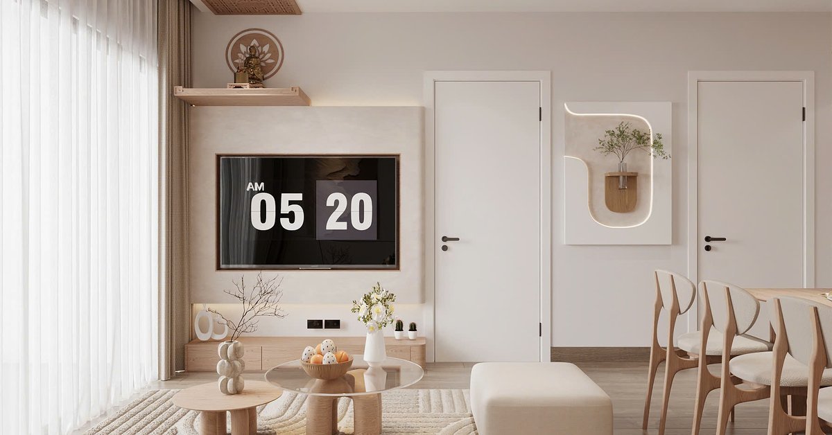 Phối cảnh thiết kế phòng khách căn hộ gỗ sáng, sofa thấp, tông be do Nhà Mộc thực hiện