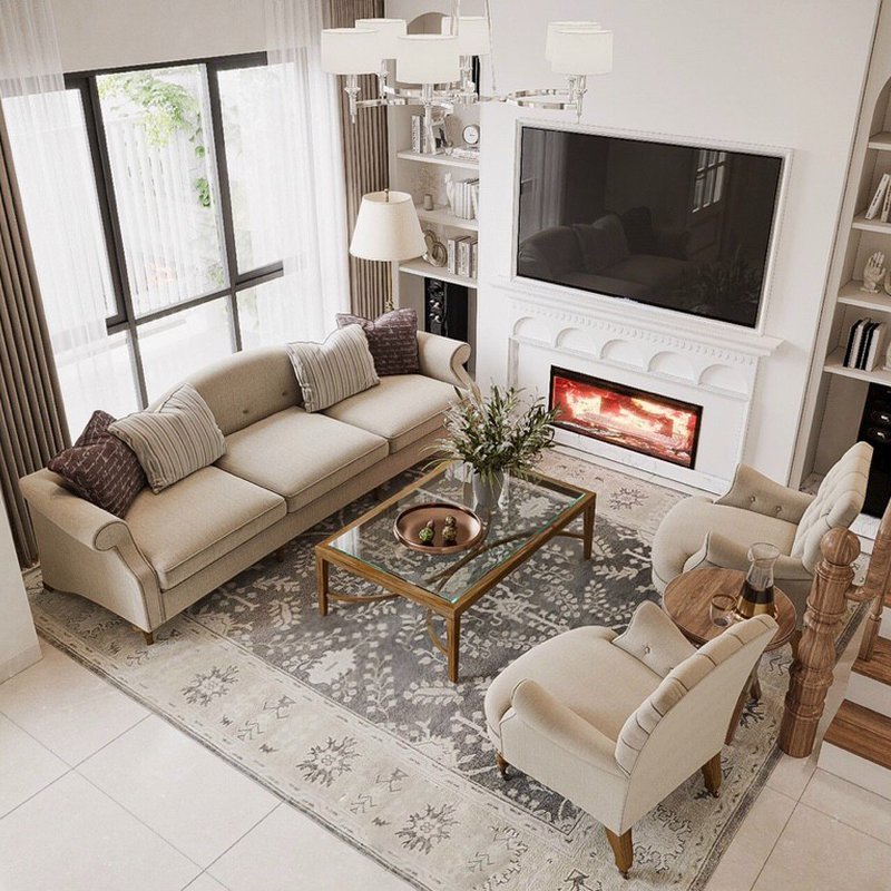 Phối cảnh thiết kế phòng khách dự án 99 K'VILLA nền kem, sofa be và điểm nhấn gỗ do Nhà Mộc thực hiện