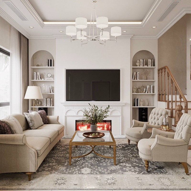 Phối cảnh thiết kế phòng khách dự án 99 K'VILLA phối kem, gỗ và cây xanh do Nhà Mộc thực hiện