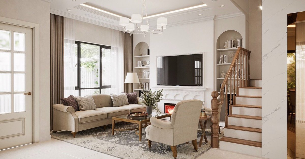 Phối cảnh thiết kế phòng khách dự án 99 K'VILLA tông kem gỗ sáng do Nhà Mộc thực hiện