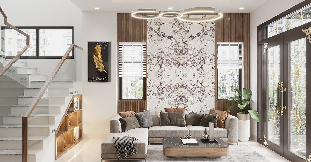 Phối cảnh thiết kế phòng khách nhà mái Thái tông kem, sofa vải do Nhà Mộc thực hiện
