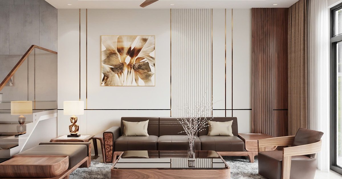 Phối cảnh thiết kế phòng khách nhà phố tông be, sofa và kệ gỗ nâu do Nhà Mộc thực hiện