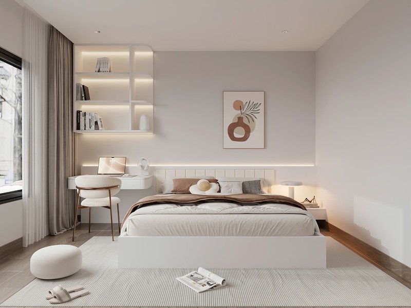 Phối cảnh thiết kế phòng ngủ có tủ áo kịch trần và bàn cạnh cửa sổ do Nhà Mộc thực hiện
