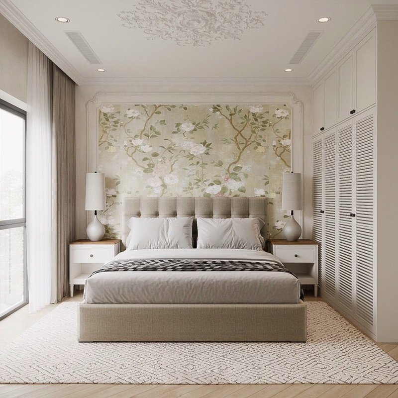 Phối cảnh thiết kế phòng ngủ dự án 99 K'VILLA nền kem, rèm và gối tông ấm do Nhà Mộc thực hiện
