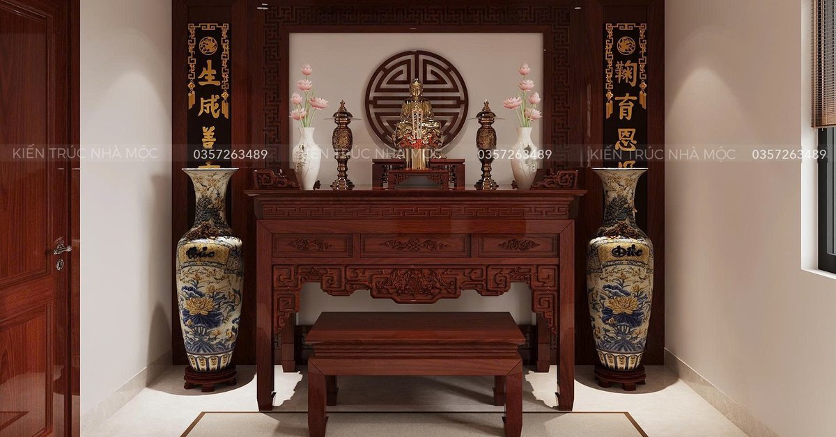 Phối cảnh thiết kế phòng thờ gỗ tông trầm, ánh sáng dịu do Nhà Mộc thực hiện