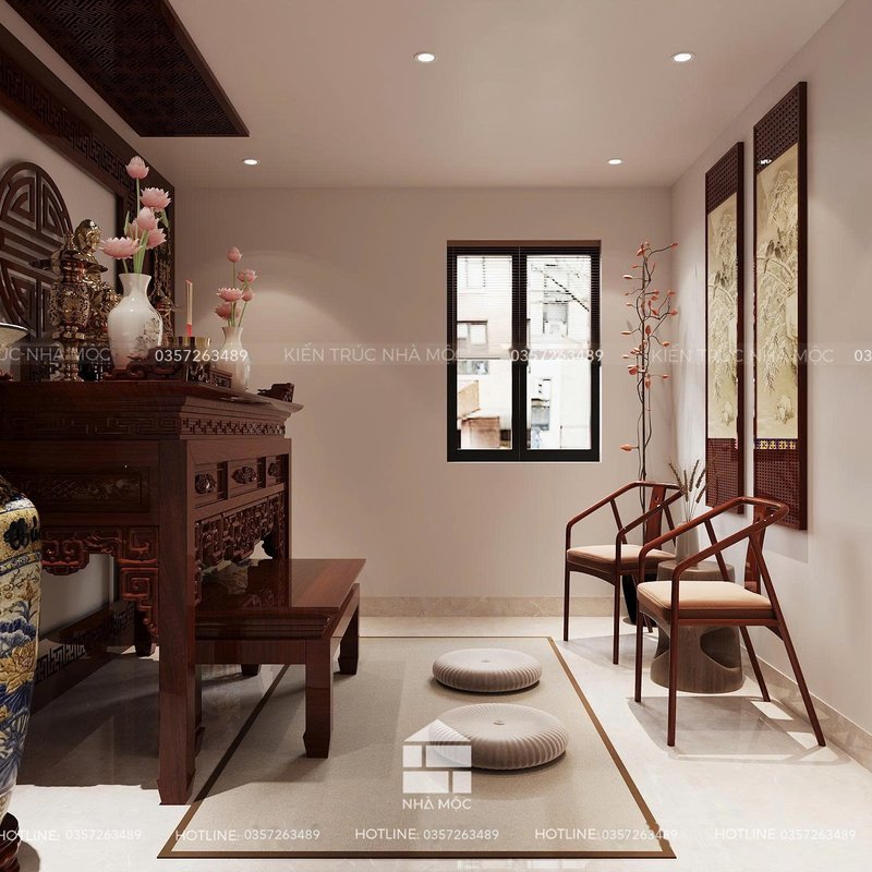 Phối cảnh thiết kế phòng thờ tủ thờ gỗ tối, bố trí trang trọng do Nhà Mộc thực hiện