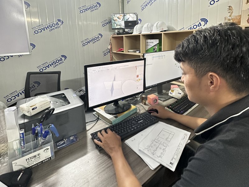 Kỹ thuật viên Nhà Mộc dựng bản vẽ mặt bằng trên phần mềm, đối chiếu bản vẽ giấy