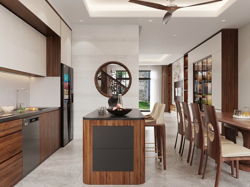 Phối cảnh thiết kế tầng trệt nhà phố liền khách – bếp, nội thất gỗ ấm do Nhà Mộc thực hiện