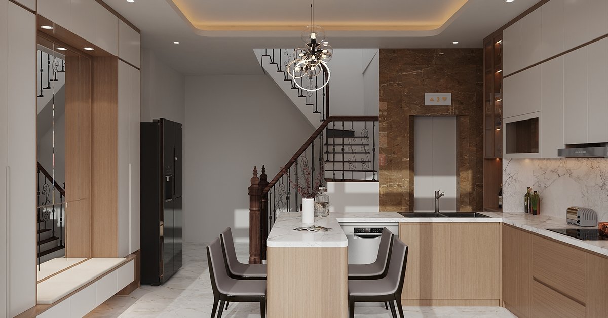 Phối cảnh thiết kế tủ bếp chữ L kịch trần với đảo nhỏ trong nhà phố do Nhà Mộc thực hiện