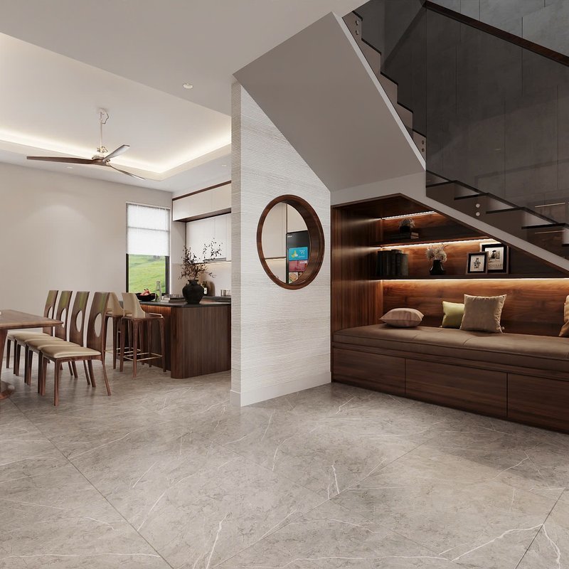 Phối cảnh thiết kế cầu thang và tủ kệ gầm thang nhà phố do Nhà Mộc thực hiện