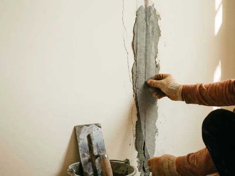 Ảnh minh hoạ lưới gia cố được gắn lên vết nứt trước khi trát lại