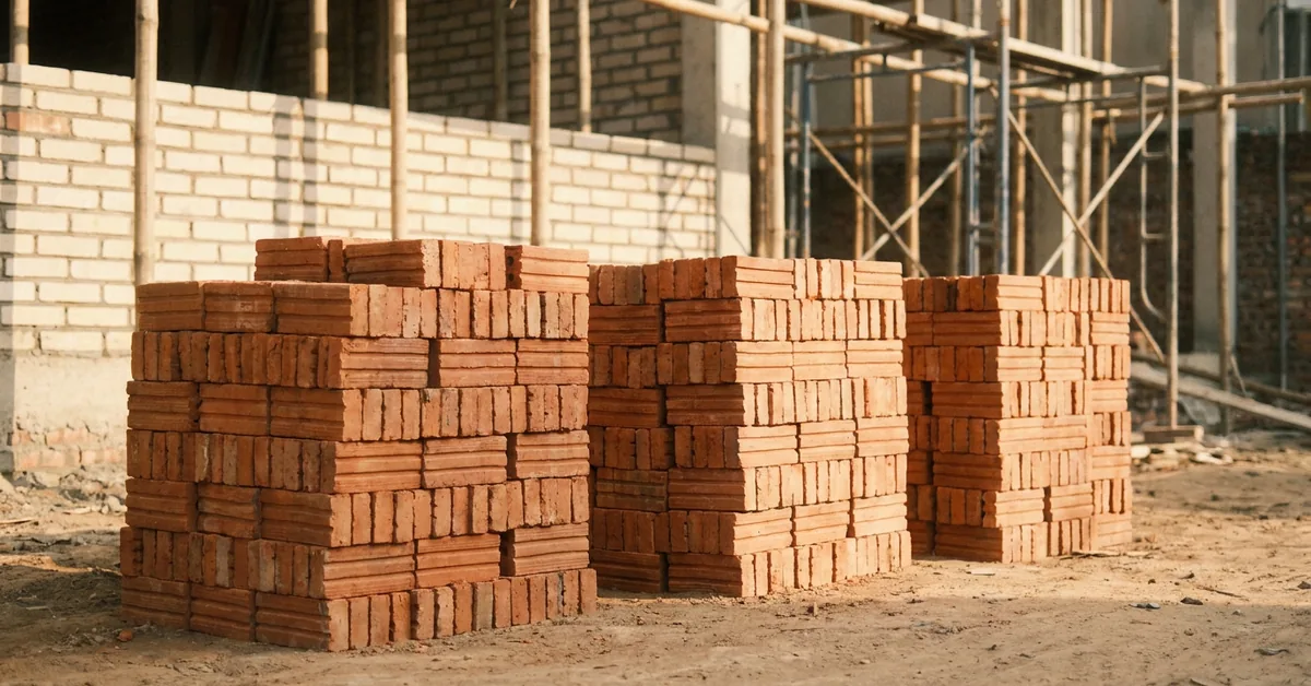 Ảnh minh hoạ kiêu gạch đỏ nung xếp gọn tại công trường nhà dân