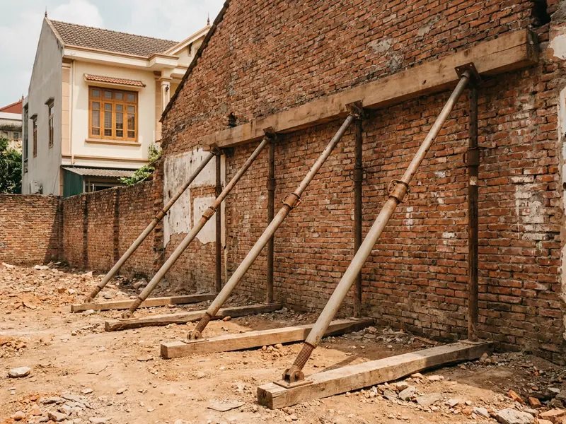 Cây chống thép văng đỡ tường nhà liền kề sau khi hạ nhà giữa